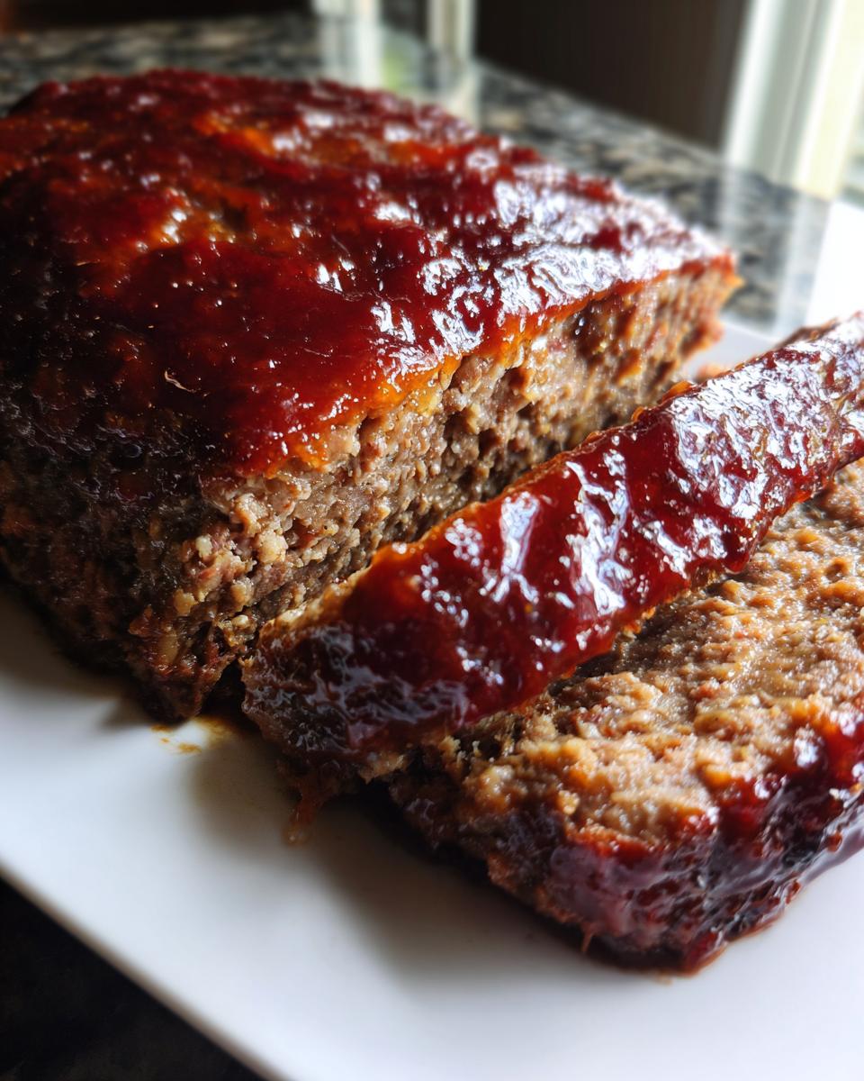 A close-up of a sliced 1 pound meatloaf recipe, topped with a glossy, rich glaze.