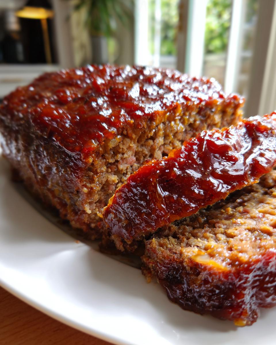 Close-up of a juicy 1 pound meatloaf recipe, sliced and topped with a glossy glaze.