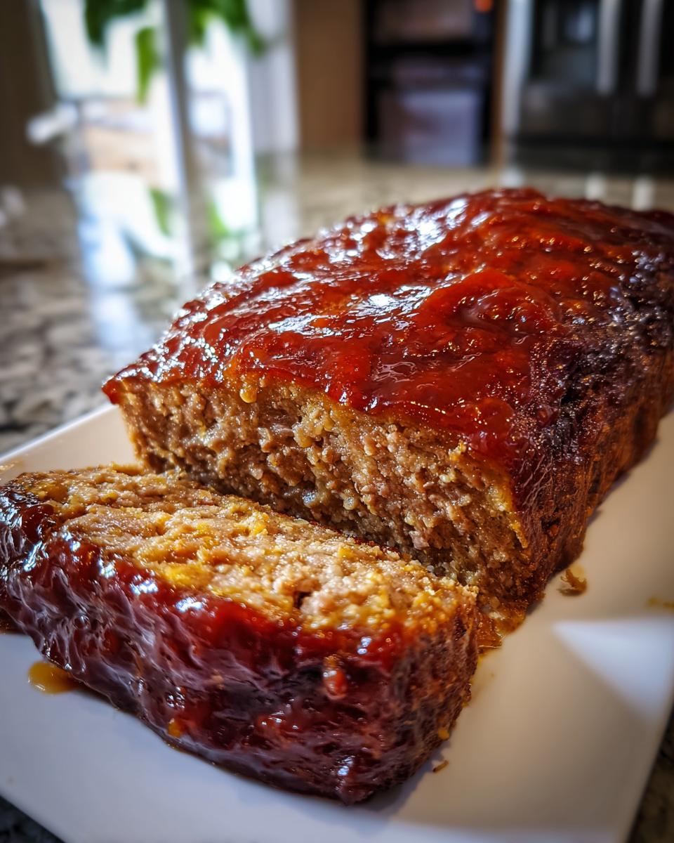Close-up of a sliced 1 pound meatloaf recipe, covered in a glossy glaze.