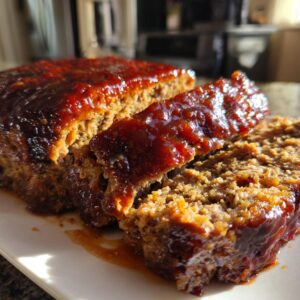 Close-up of a juicy 1 pound meatloaf recipe, sliced and covered in a rich, glossy glaze.