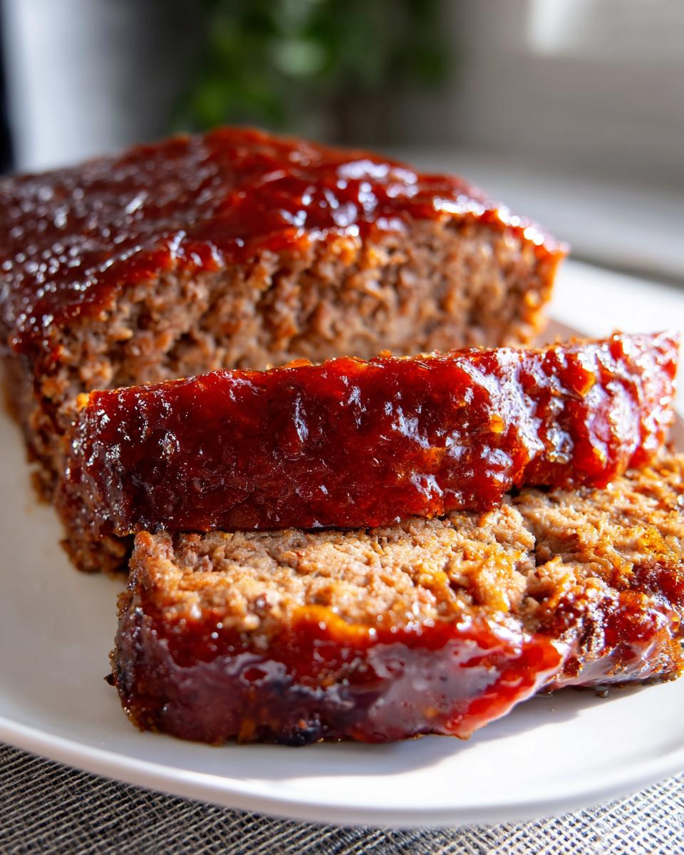 Close-up of a juicy 1 pound meatloaf recipe, sliced and topped with a glossy glaze.