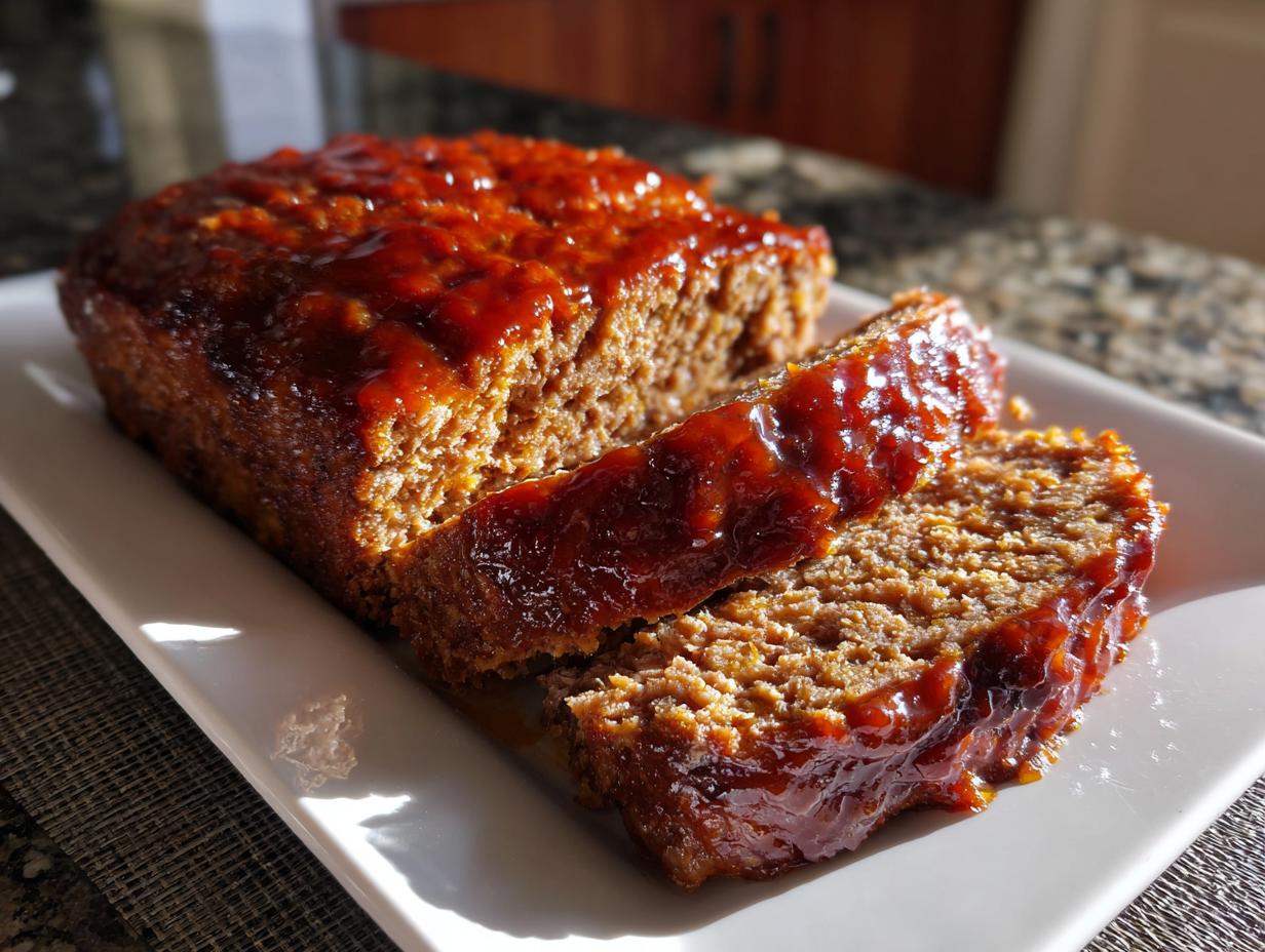 Close-up of a sliced 1 pound meatloaf recipe, topped with a shiny glaze.