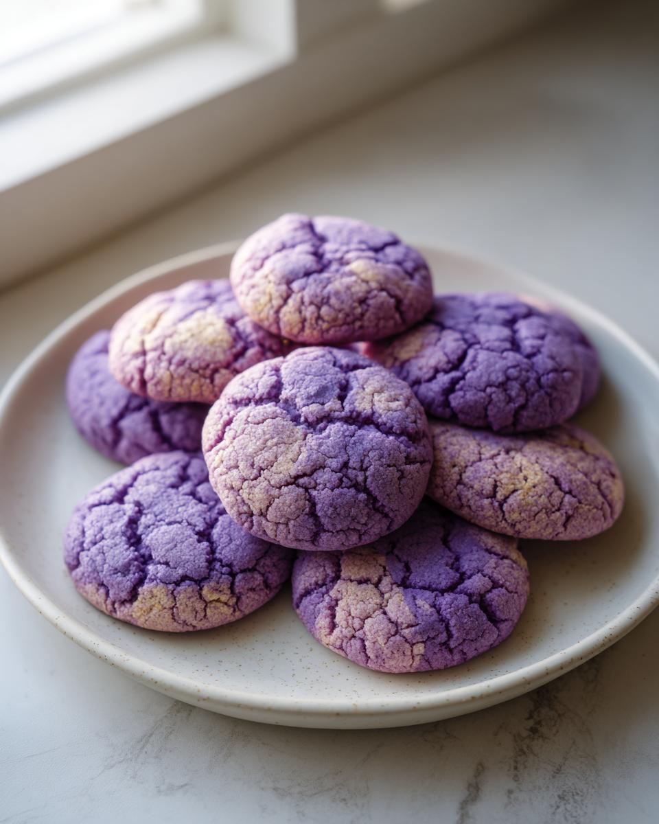 A pile of soft, crinkled 3-ingredient ube cookies on a speckled plate.