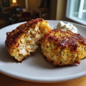 Two golden-brown air fryer crab cakes on a plate, one split open to reveal flaky crab meat.