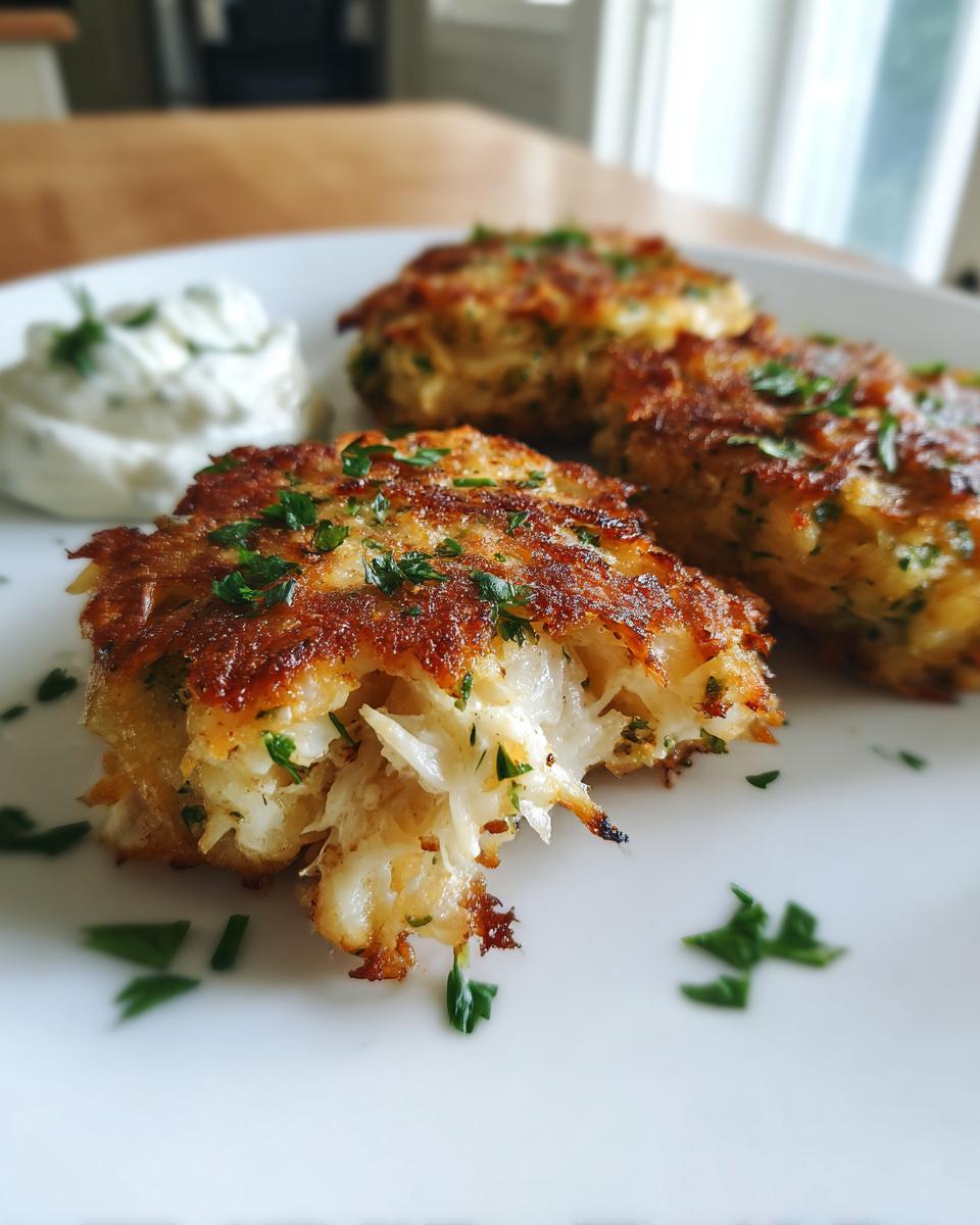 Close-up of a golden-brown air fryer crab cake, with a bite taken out, showing flaky crab meat. Served with a side of creamy dip and parsley.