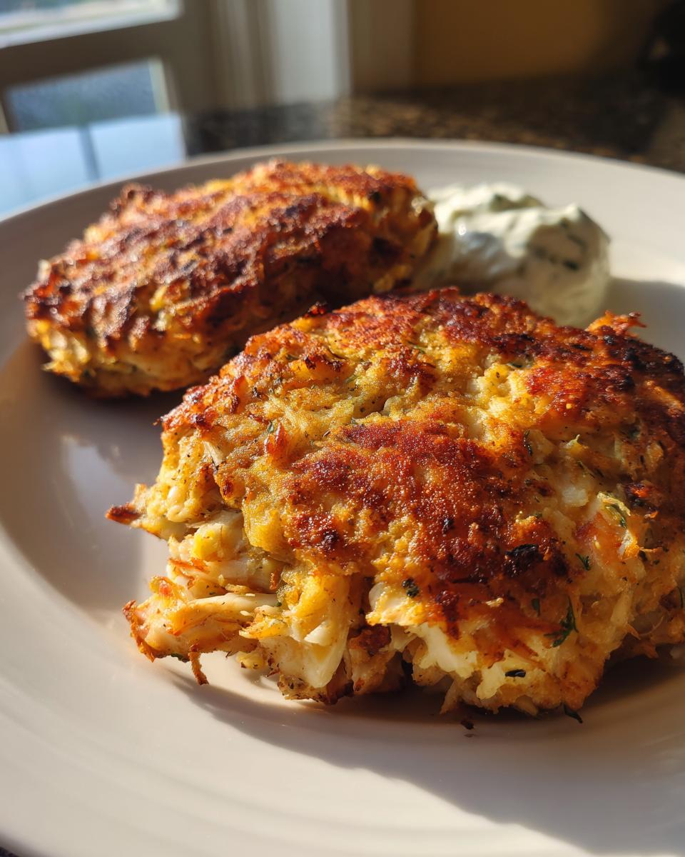 Two golden-brown air fryer crab cakes served with a dollop of creamy white dip on a white plate.