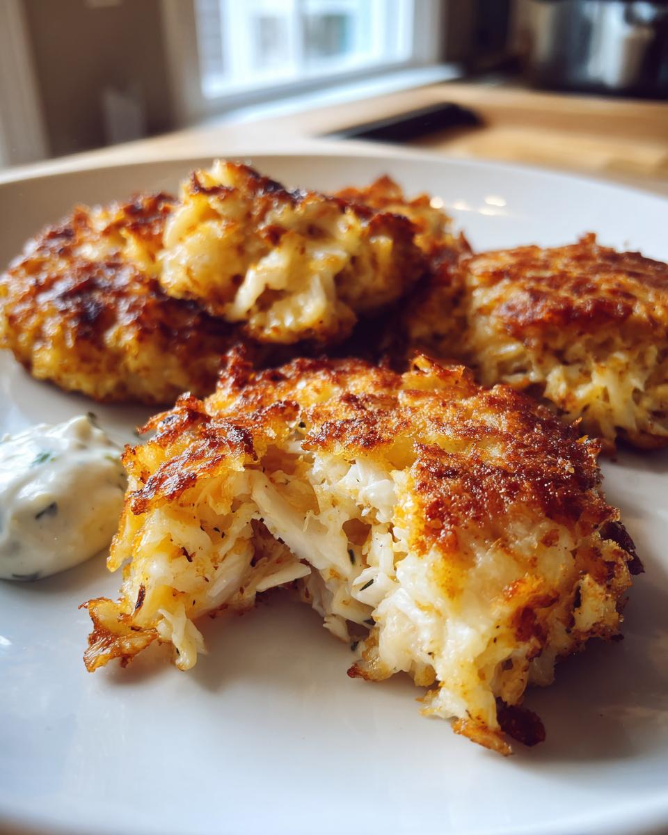 Close-up of golden brown air fryer crab cakes on a white plate with a dollop of creamy dip.