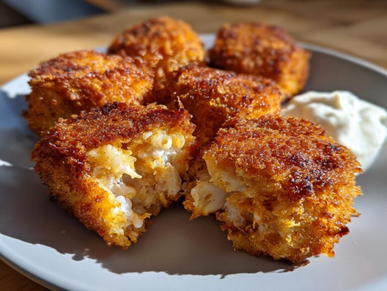 Close-up of golden brown air fryer crab cakes on a plate with a dollop of creamy dip.