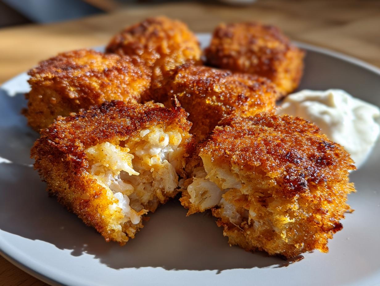Close-up of golden brown air fryer crab cakes on a plate with a dollop of creamy dip.