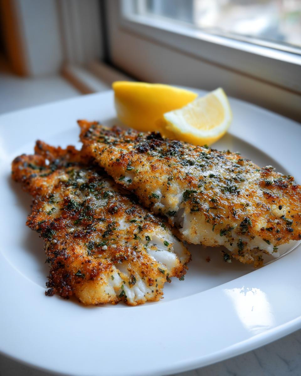 Two golden-brown fillets of Air Fryer Tilapia seasoned with herbs, served with lemon wedges on a white plate.