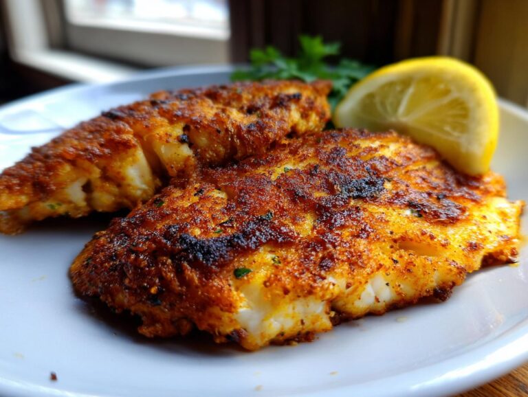 Two perfectly cooked Air Fryer Tilapia fillets seasoned with spices, served with a lemon wedge and parsley.