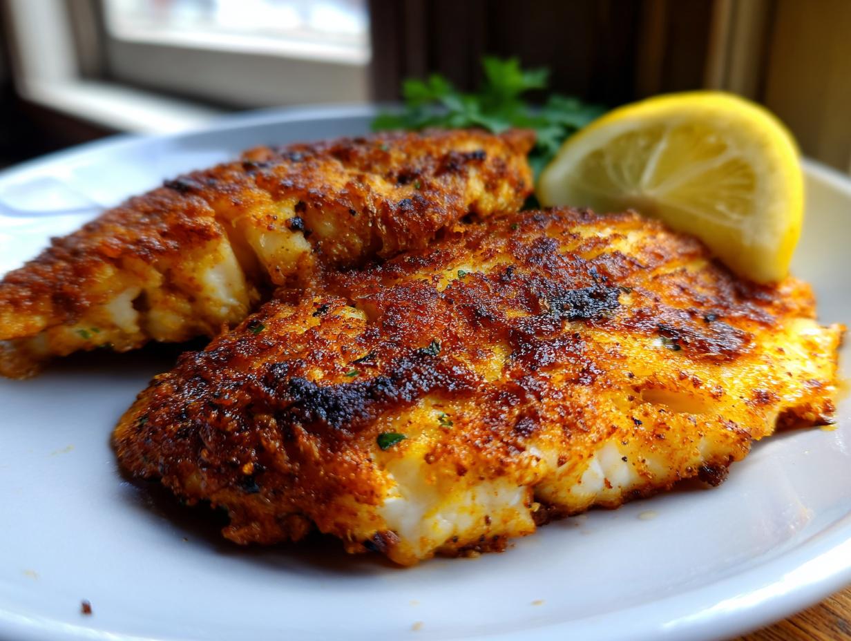 Two perfectly cooked Air Fryer Tilapia fillets seasoned with spices, served with a lemon wedge and parsley.