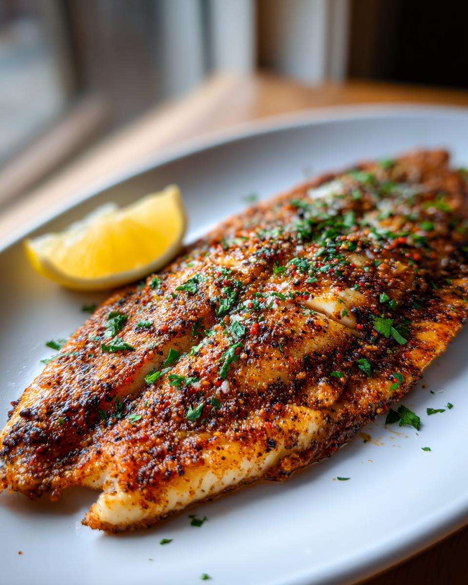 A close-up of perfectly cooked Air Fryer Tilapia, seasoned with spices and fresh parsley, served with a lemon wedge.