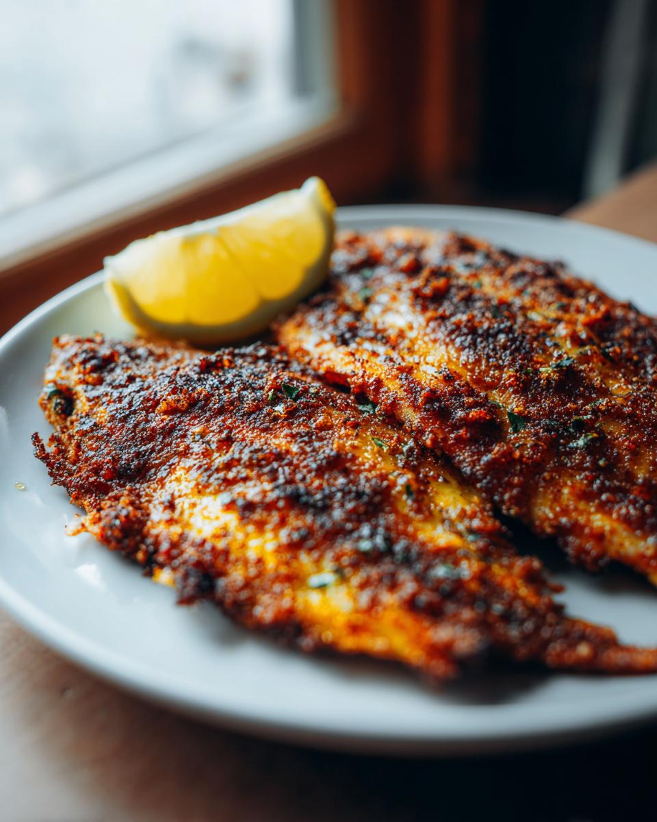 Two pieces of perfectly cooked Air Fryer Tilapia seasoned with spices and served with a lemon wedge on a white plate.