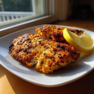Close-up of golden brown, crispy Air Fryer Tilapia fillets served with lemon wedges on a white plate.