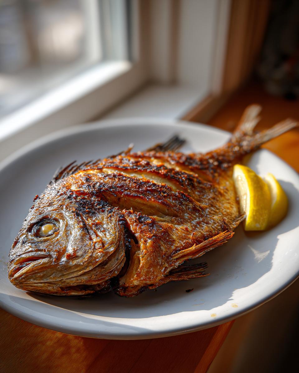 A whole, crispy air fryer tilapia fish served on a white plate with lemon wedges.