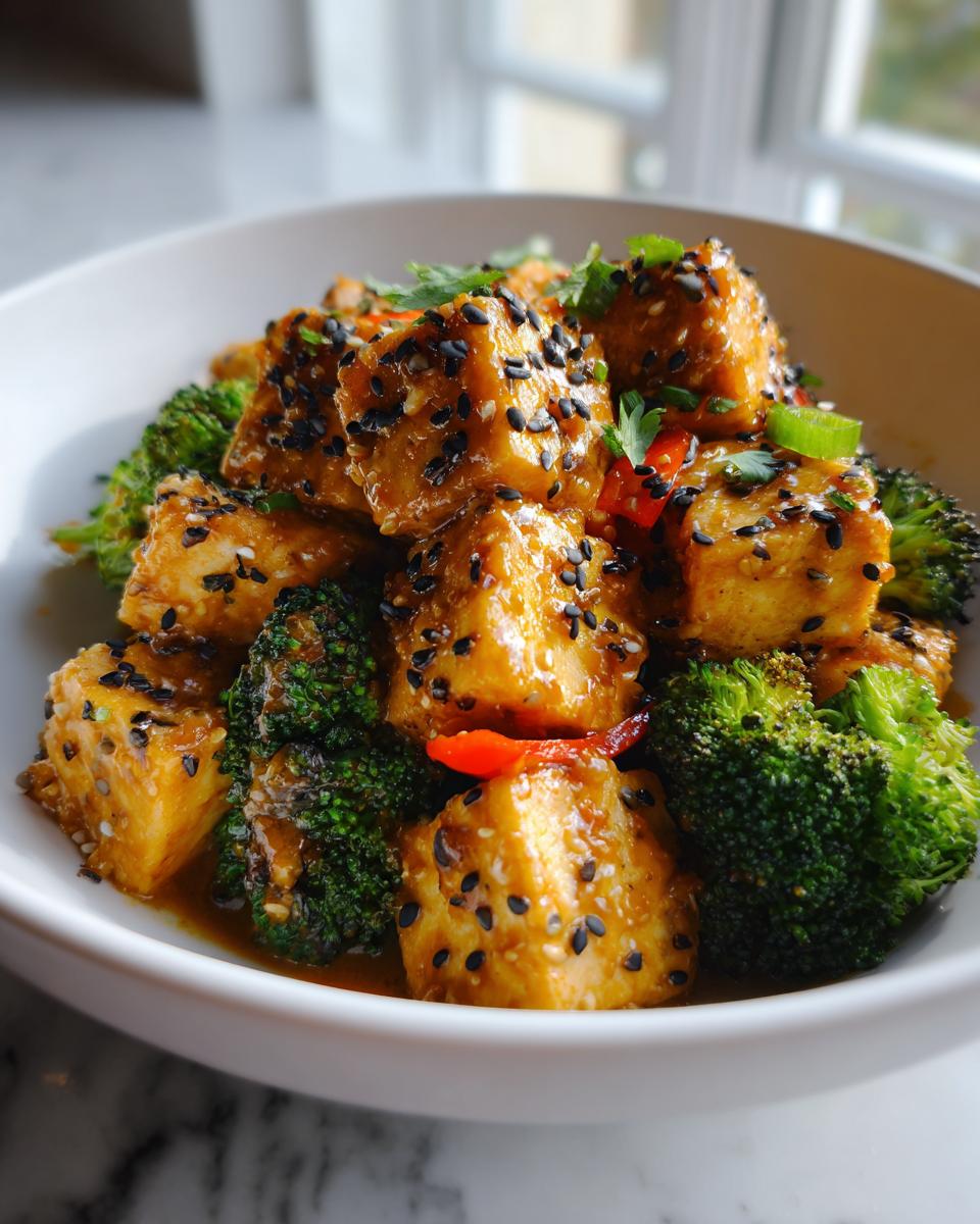 Close-up of creamy almond butter tofu cubes and broccoli florets in a white bowl, garnished with sesame seeds and parsley.