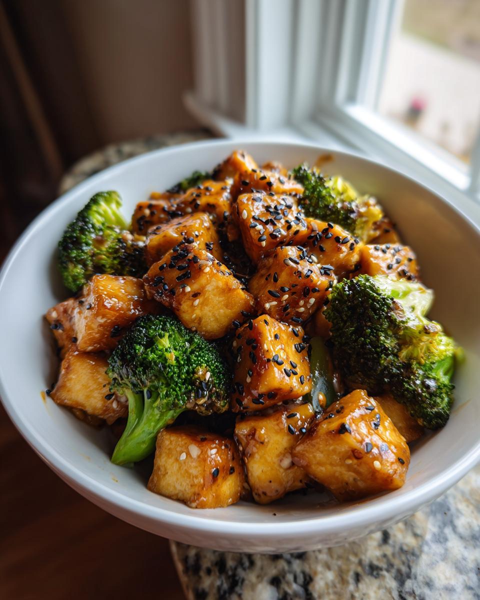 Close-up of creamy almond butter tofu and broccoli florets in a white bowl, sprinkled with sesame seeds.