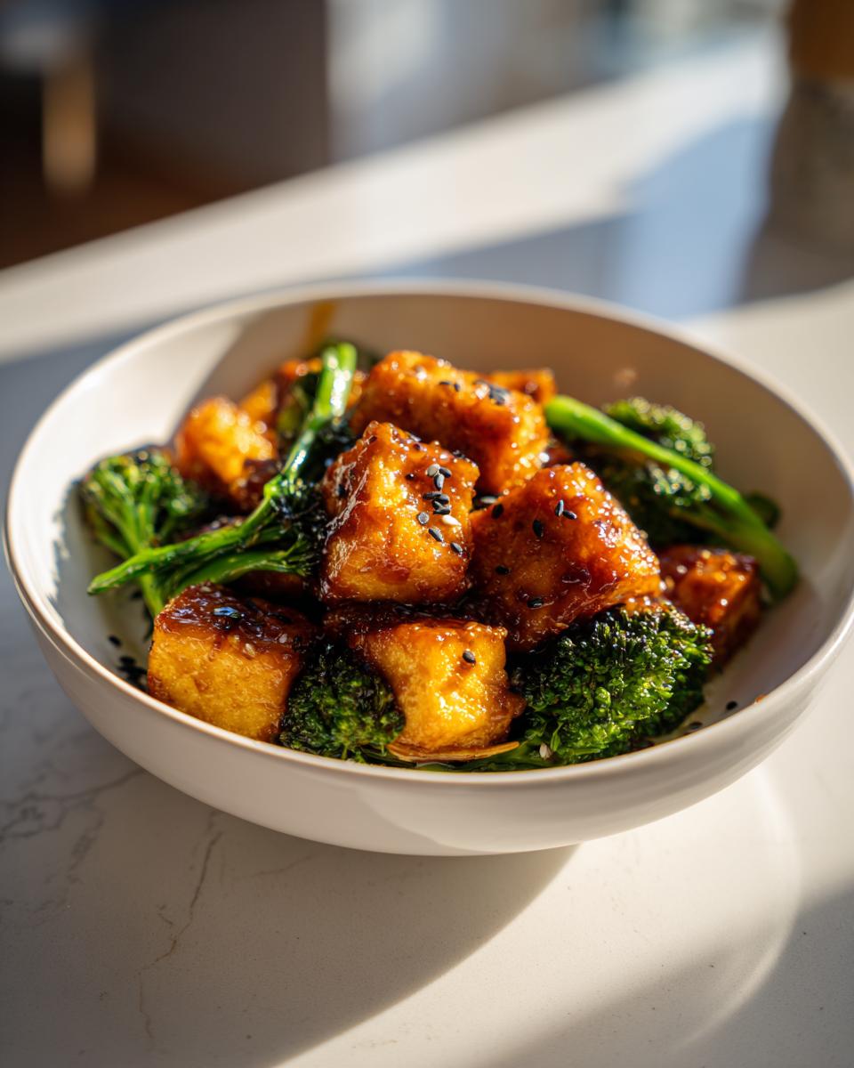 Close-up of creamy almond butter tofu cubes and broccoli florets in a white bowl, sprinkled with sesame seeds.