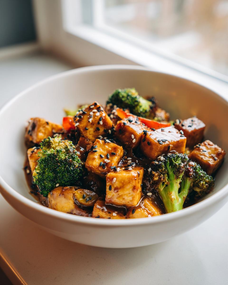 A bowl of creamy almond butter tofu and broccoli, garnished with sesame seeds.