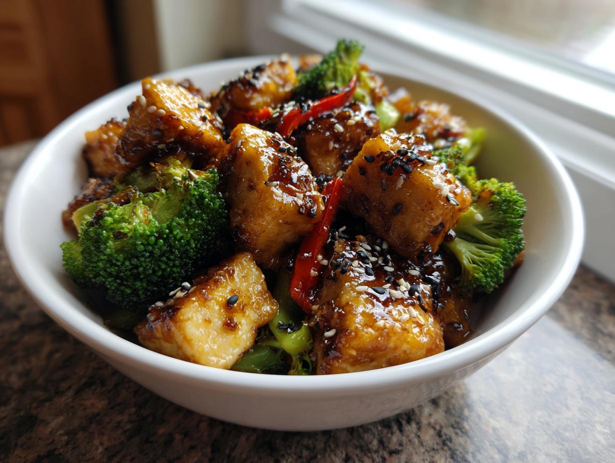 Close-up of creamy almond butter tofu with broccoli florets and red chili slices, sprinkled with sesame seeds.