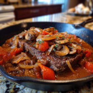 A hearty portion of Swiss Steak served in a cast iron skillet with mushrooms, onions, and tomatoes.