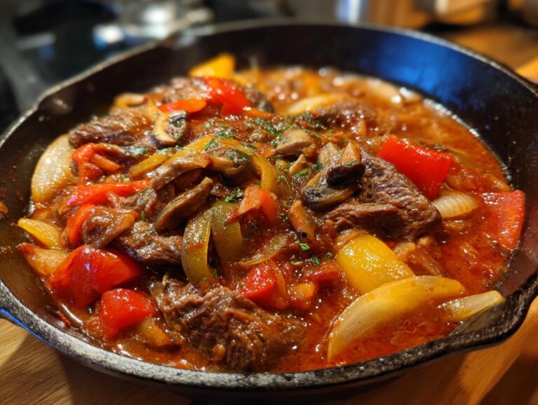 A close-up of hearty Swiss Steak cooked with colorful bell peppers, onions, and mushrooms in a rich tomato-based sauce.