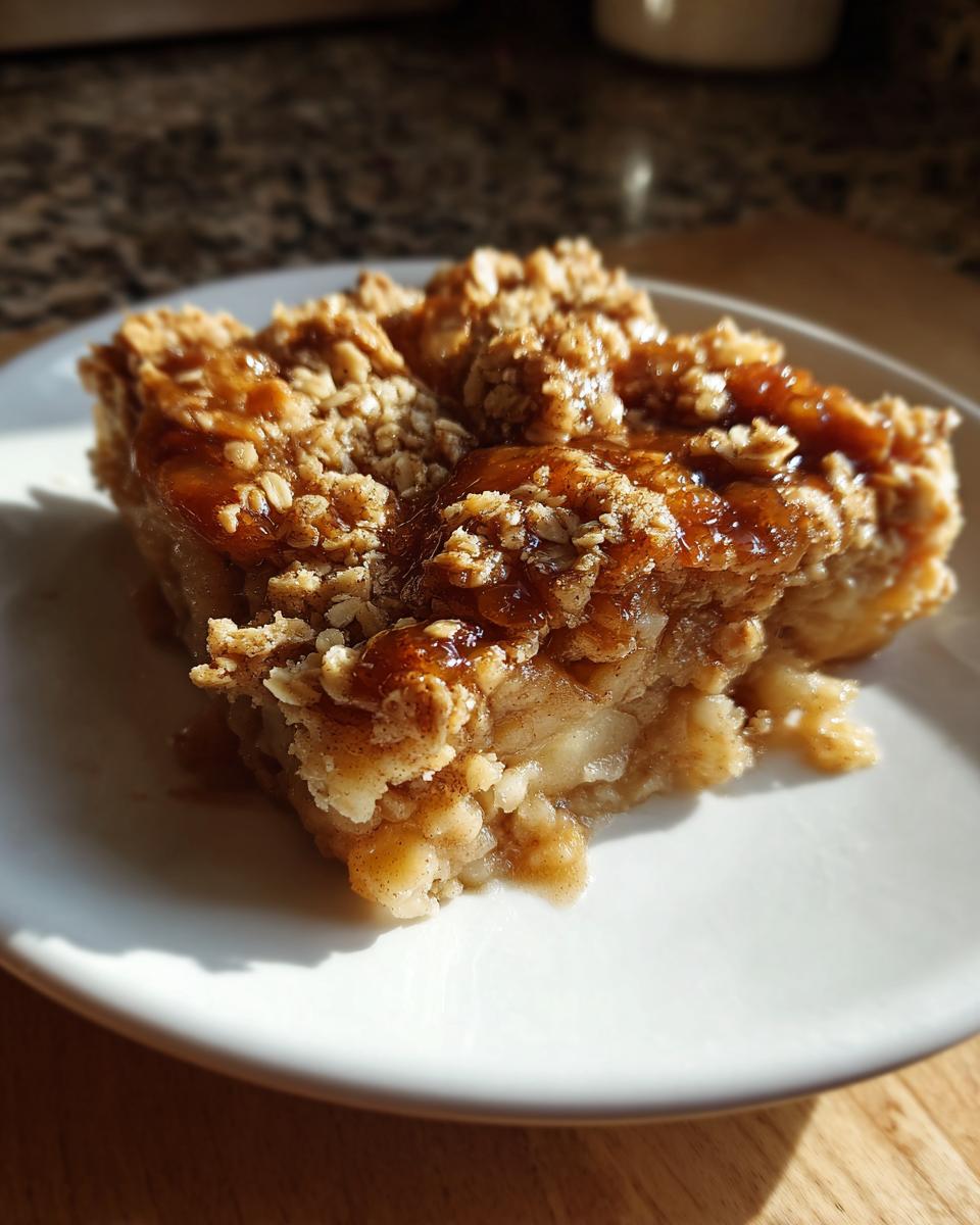 A close-up shot of a moist slice of apple crumble topped with a rich caramel drizzle and a crunchy oat topping.