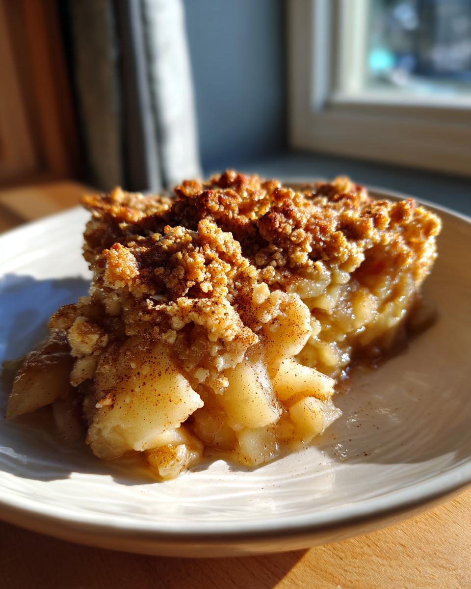 A close-up of a delicious slice of apple crumble, showcasing tender baked apples and a golden, crumbly topping.
