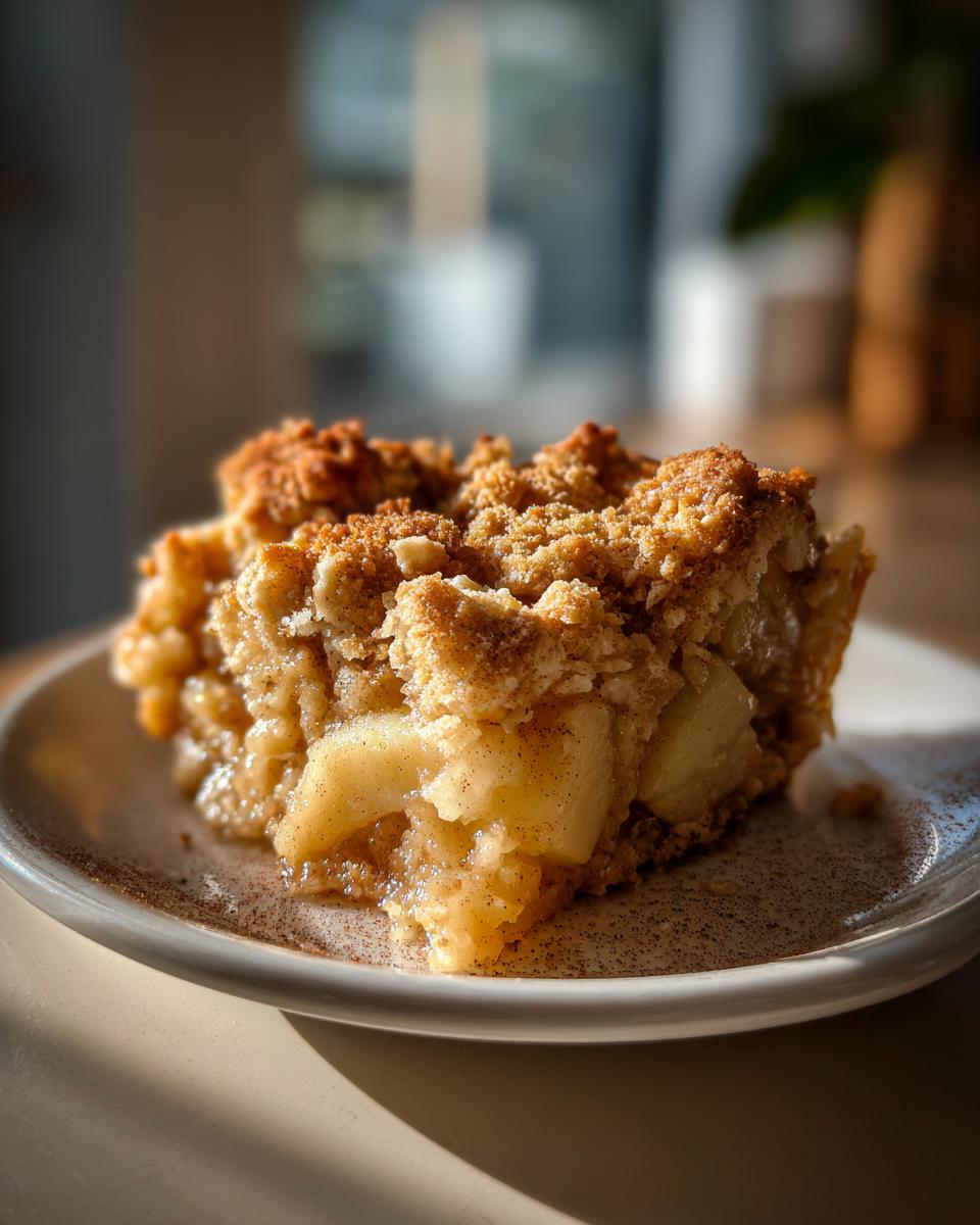 A close-up of a moist slice of apple crumble on a white plate, showing tender apple pieces and a golden crumble topping.