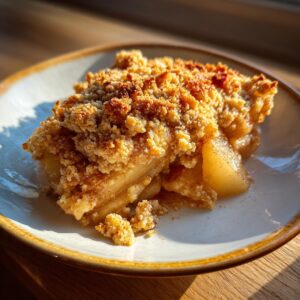 A close-up of a warm slice of apple crumble on a plate, featuring tender baked apples and a golden, crumbly topping.