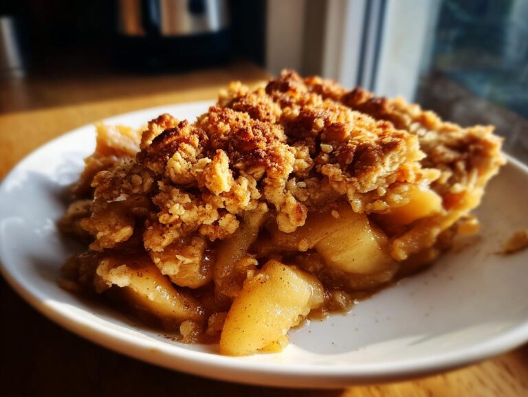 A close-up shot of a slice of warm apple crumble on a white plate, featuring tender baked apples and a golden, crunchy crumble topping.
