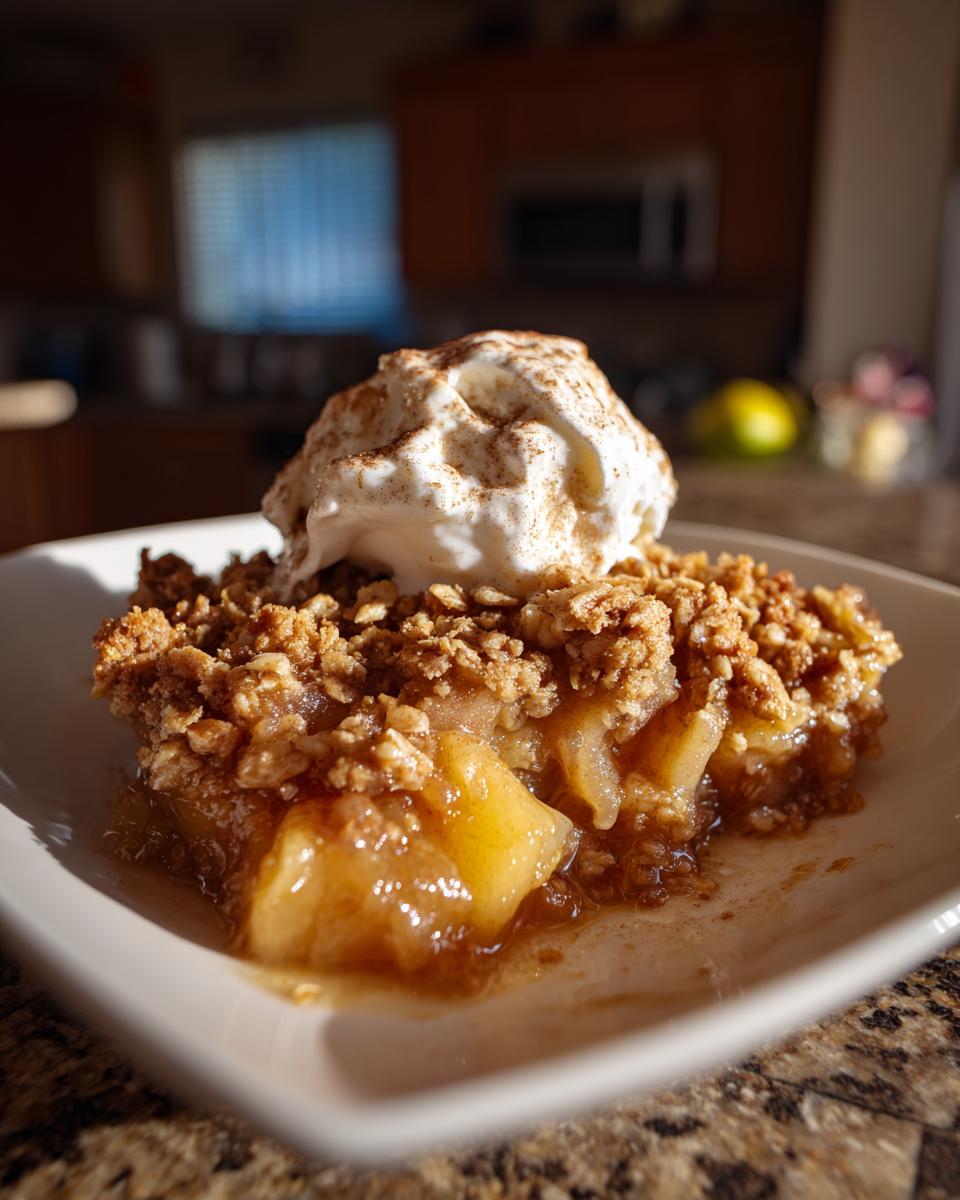 A close-up of a slice of warm apple crumble topped with a dollop of whipped cream and cinnamon.