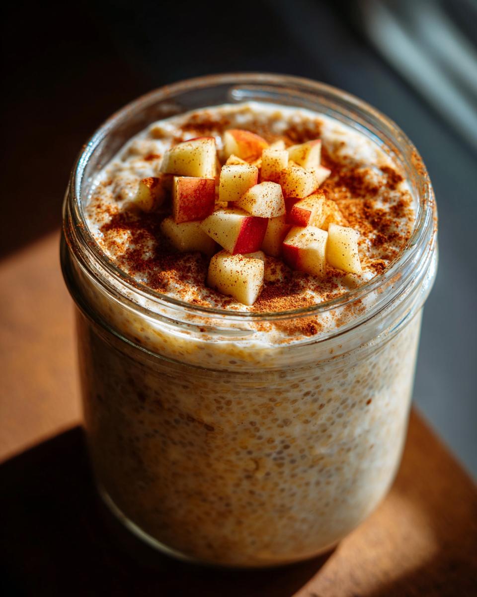 Close-up of apple pie chia pudding in a glass jar, topped with diced apples and cinnamon.