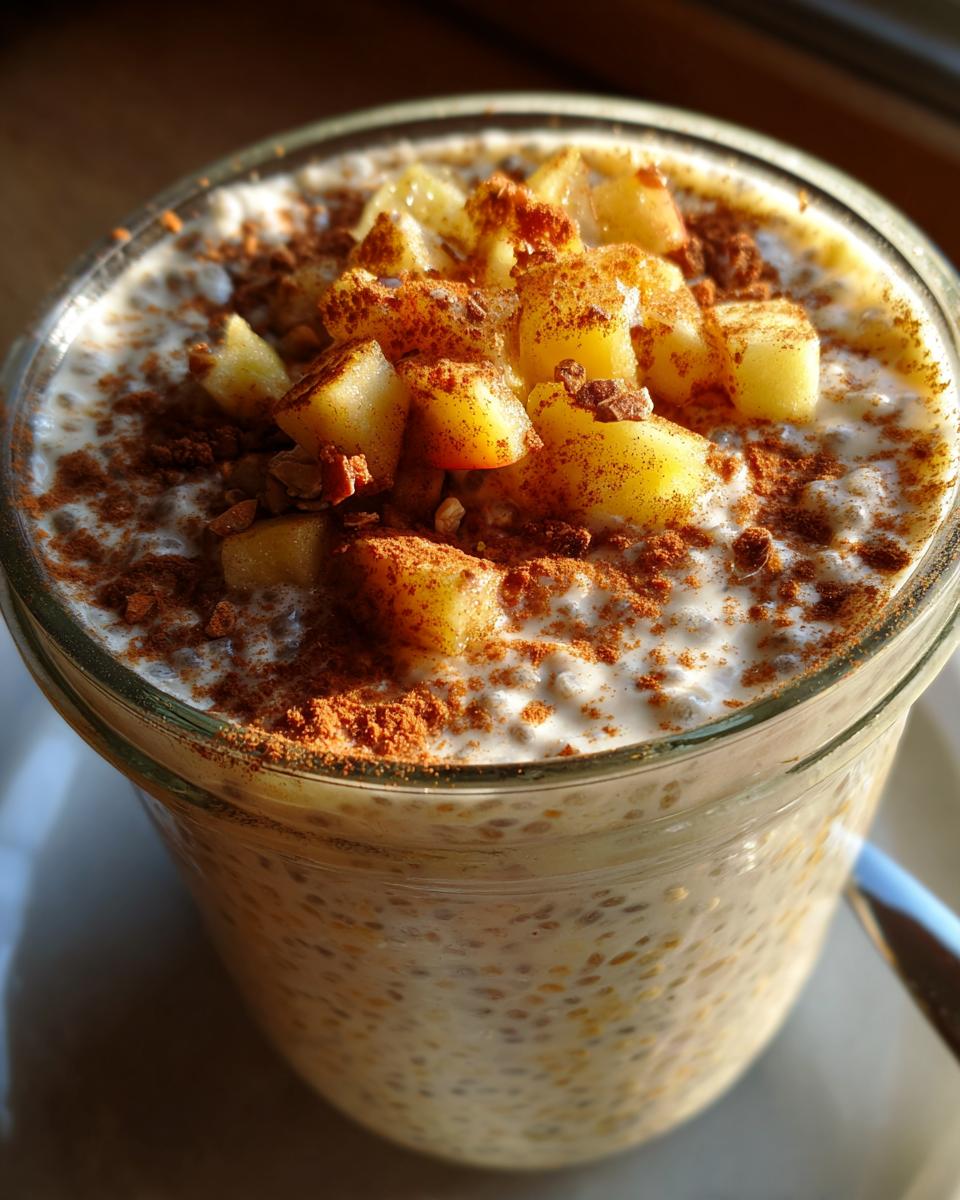 Close-up of a glass jar filled with creamy apple pie chia pudding, topped with diced apples and cinnamon.