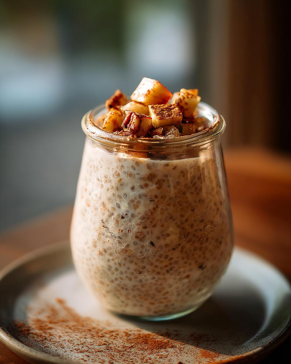 Close-up of Apple Pie Chia Pudding in a glass jar, topped with diced apples and cinnamon.