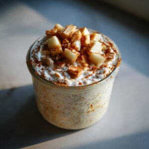 A close-up of Apple Pie Chia Pudding in a glass jar, topped with whipped cream, diced apples, and cinnamon.