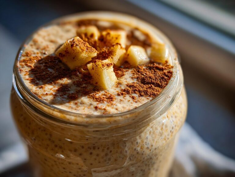 Close-up of a jar filled with Apple Pie Chia Pudding, topped with diced apples and cinnamon.