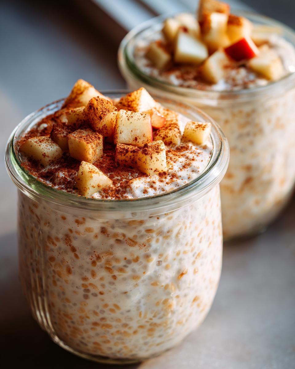 Two jars filled with Apple Pie Chia Pudding, topped with diced apples and cinnamon.