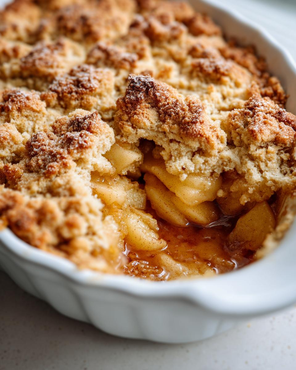 A close-up of a bubbly apple pie dump cake in a white baking dish, showing tender apples and a golden crumble topping.