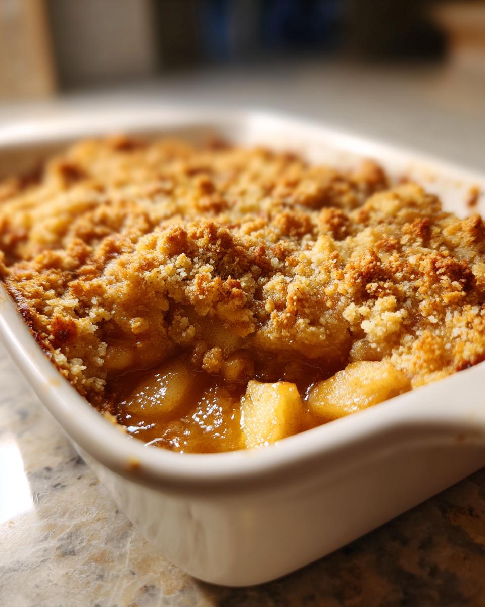 Close-up of a bubbly 3-ingredient apple pie dump cake in a white baking dish, with a golden crumb topping.