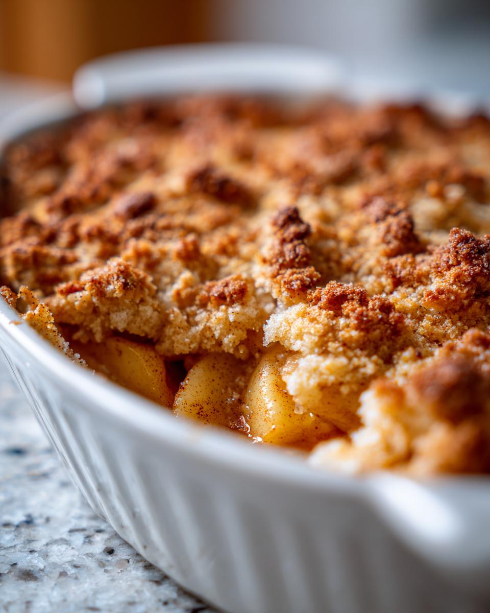 Close-up of a golden brown, bubbling 3-ingredient apple pie dump cake in a white baking dish.