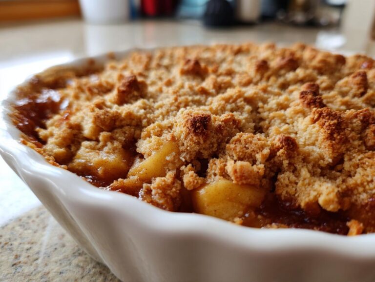 Close-up of a golden brown apple pie dump cake with a crumbly topping in a white baking dish.