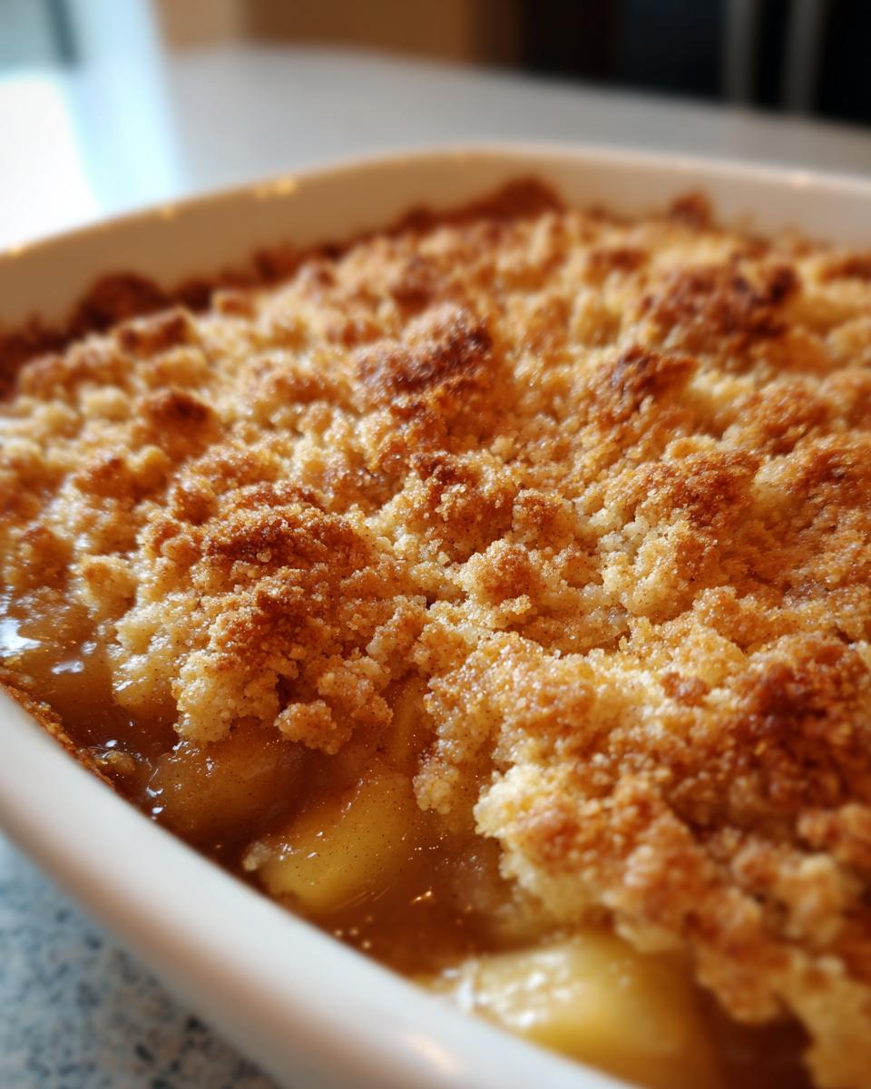 Close-up of a golden brown, crumbly topping on a baked apple pie dump cake.