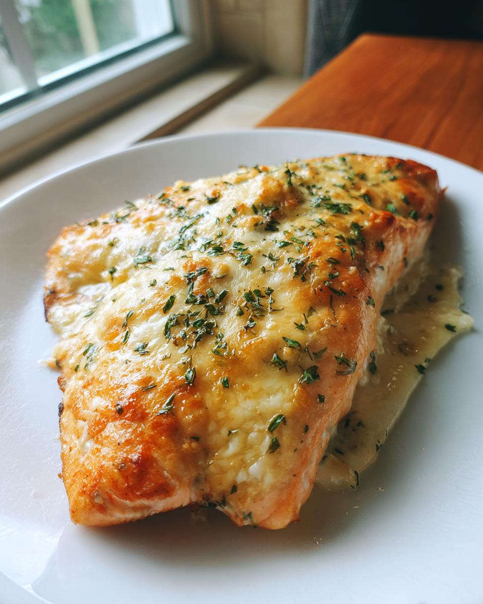 A close-up of a flaky baked Boursin salmon fillet topped with melted cheese and fresh parsley.