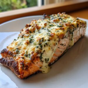 A close-up of a perfectly baked Boursin salmon fillet, topped with melted cheese and fresh green herbs.