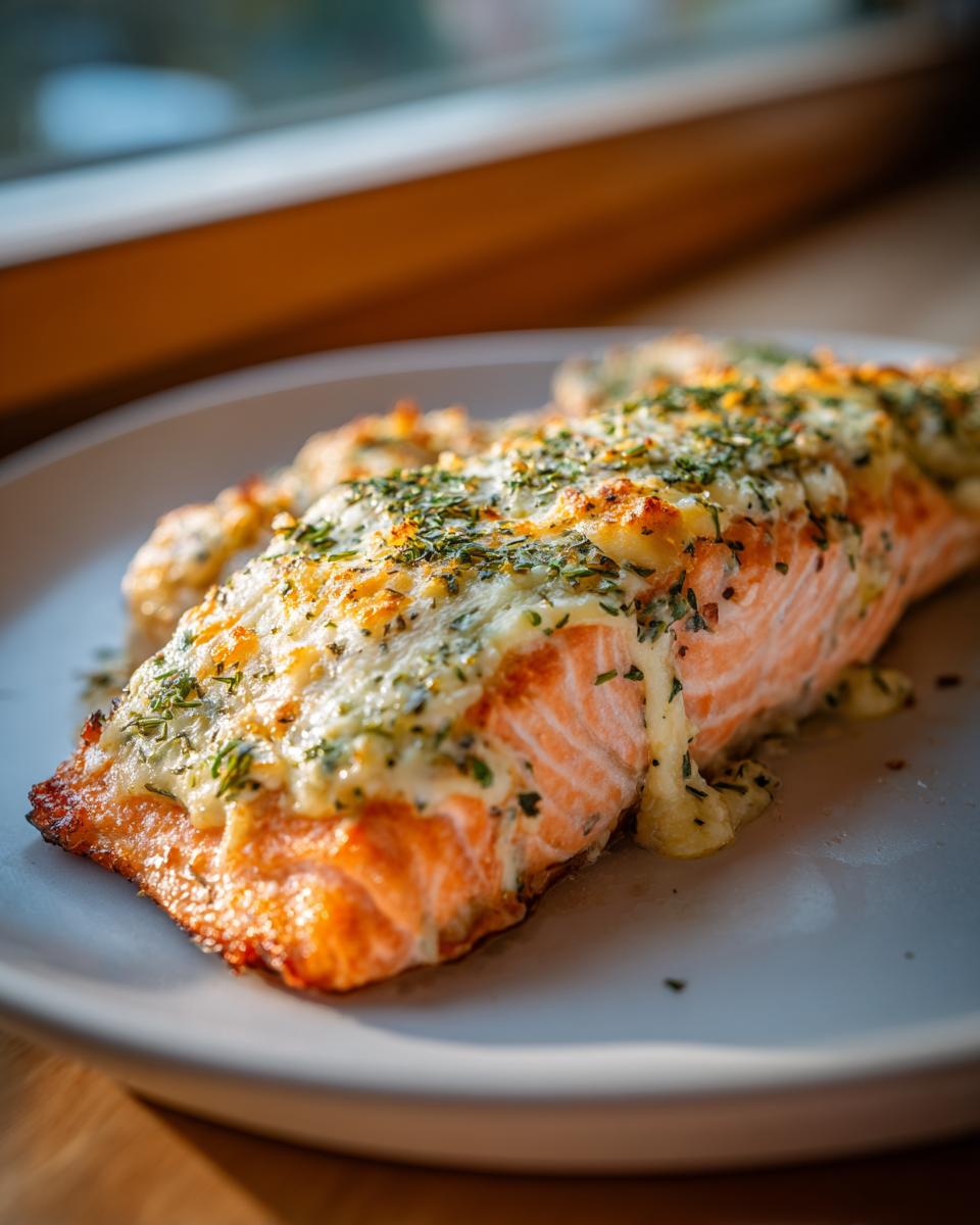 A close-up of a flaky baked salmon fillet topped with creamy Boursin cheese and fresh green herbs.