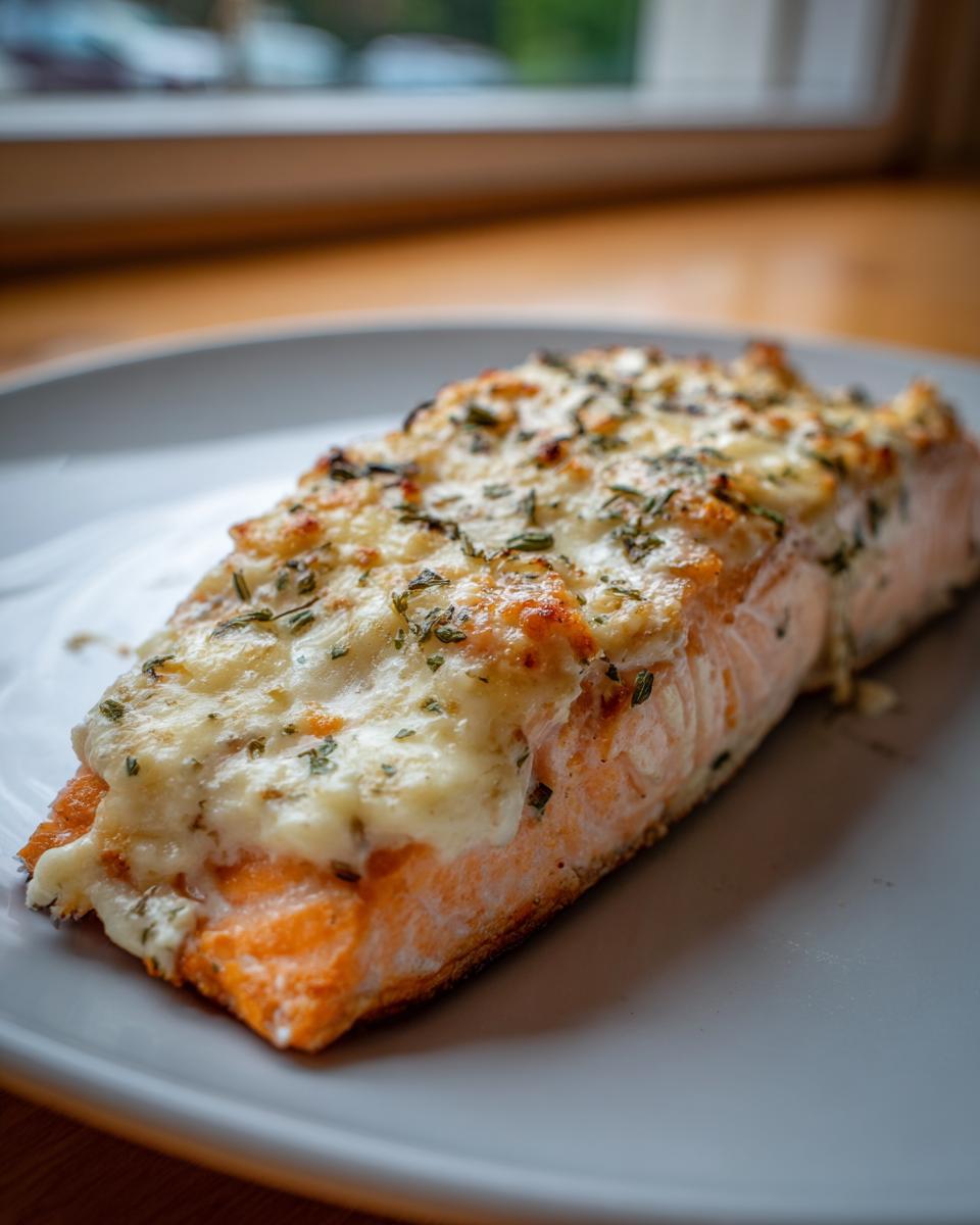 A close-up of a perfectly baked Boursin salmon fillet on a white plate, topped with melted cheese and herbs.