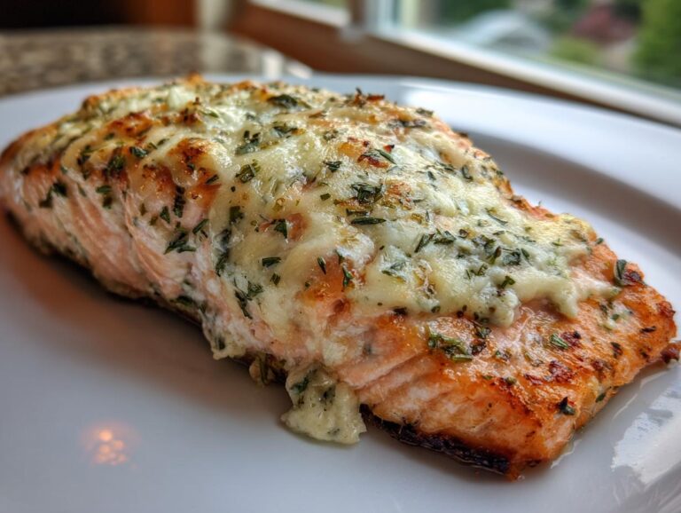 A close-up of a flaky baked Boursin salmon fillet topped with melted cheese and herbs.
