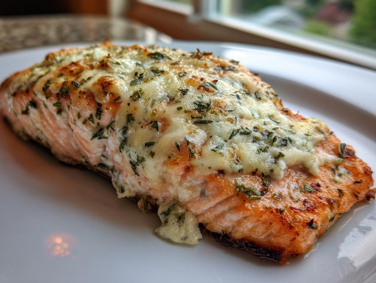 A close-up of a flaky baked Boursin salmon fillet topped with melted cheese and herbs.